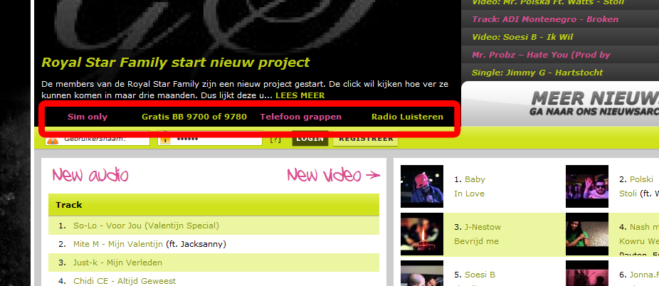 Adv plek op druk bezochte jongeren/muziek site-tekstlink-positie-png